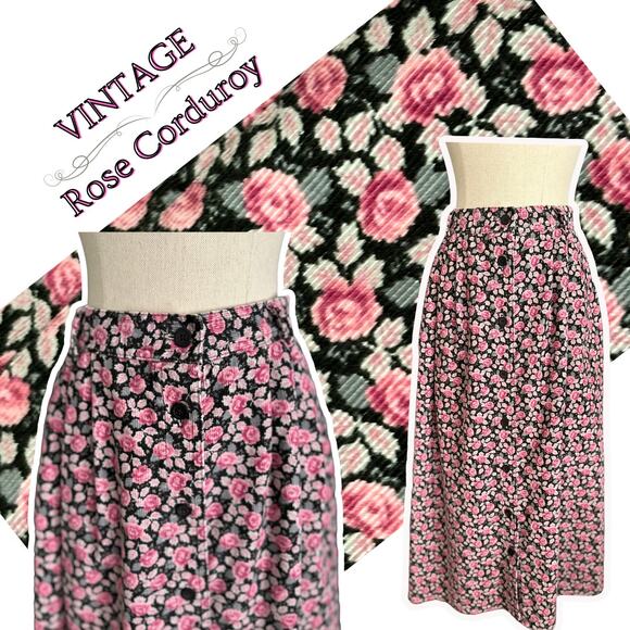 Vintage 80s Rose Corduroy Skirt CottageCore ShabbyChic Preppy Grunge Fall Winter - Picture 1 of 9